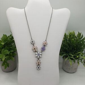 Pink, White and Purple Floral Cluster Silver Tone Necklace